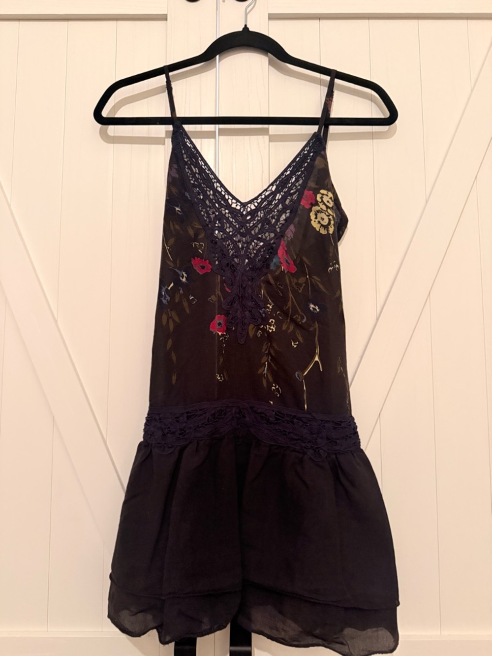 Free People Black Floral Slip Dress with Navy Blue, Pink & Blue Accents